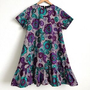 Mae Otti Mini Dress L/XL Shift Pockets Flutter African Floral Purple Turquoise